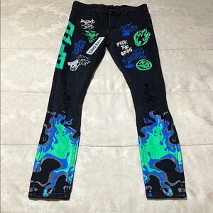 Men's Black and Blue Graphic Jeans
